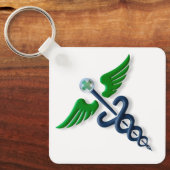Blauw Medisch Stijlvol Caduceus Groene Vleugels Kr Sleutelhanger (Voorkant)