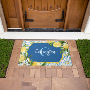 Blauw Mediterraan Citroen Monogram Naam Nieuw Huis Deurmat