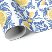 Blauw mediterraan citroenpatroon cadeaupapier (Rol Hoek)