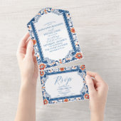 Blauw Mediterraan Italiaans Tegel Trouwen All In One Uitnodiging (Afscheurbaar)