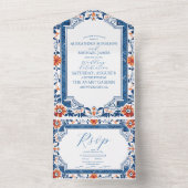 Blauw Mediterraan Italiaans Tegel Trouwen All In One Uitnodiging (Binnen)