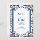 Blauw Mediterraan Italiaans Tegel Trouwen Save The Date (Voorkant)