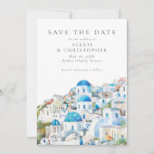 Blauw mediterraan landschap foto bruiloft save the date (Voorkant)