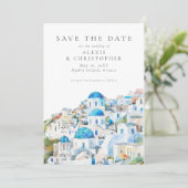 Blauw mediterraan landschap foto bruiloft save the date (Staand voorkant)