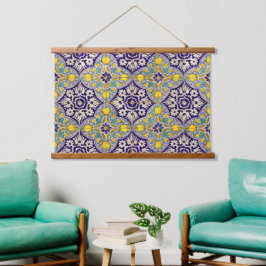 Blauw mediterraan patroon Gele bloesems   Hangend Wandkleed