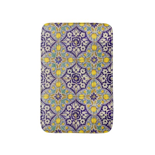 Blauw mediterraan patroongele bloesems badmat (Voorkant Verticaal)