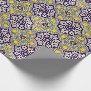 Blauw mediterraan patroongele bloesems cadeaupapier