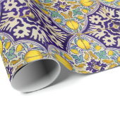 Blauw mediterraan patroongele bloesems cadeaupapier (Rol Hoek)