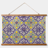 Blauw mediterraan patroongele bloesems hangend wandkleed (Voorkant)