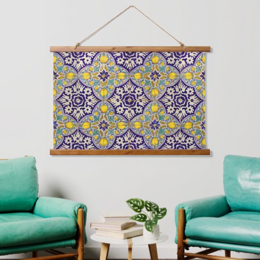 Blauw mediterraan patroongele bloesems hangend wandkleed (Woonkamer)