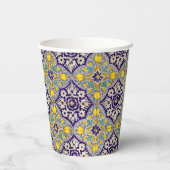Blauw mediterraan patroongele bloesems papieren bekers (Achterkant)