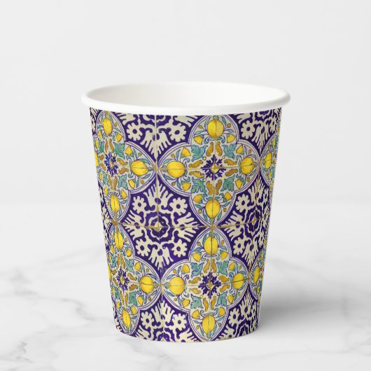 Blauw mediterraan patroongele bloesems papieren bekers (Achterkant)