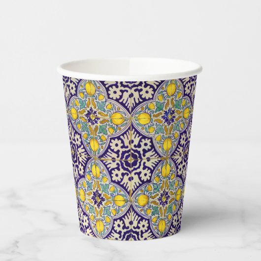 Blauw mediterraan patroongele bloesems papieren bekers (Links)