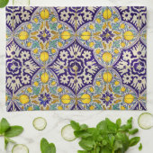 Blauw mediterraan patroongele bloesems theedoek (Gevouwen)