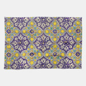Blauw mediterraan patroongele bloesems theedoek (Horizontaal)