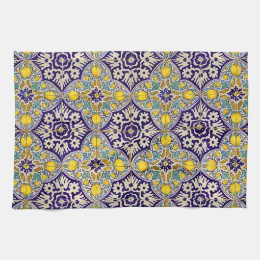 Blauw mediterraan patroongele bloesems theedoek (Horizontaal)