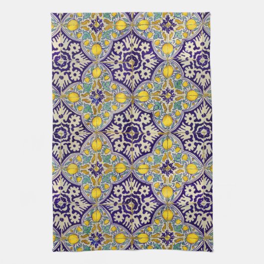 Blauw mediterraan patroongele bloesems theedoek (Verticaal)