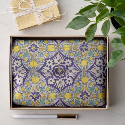 Blauw mediterraan patroongele bloesems tissuepapier (Geschenk)