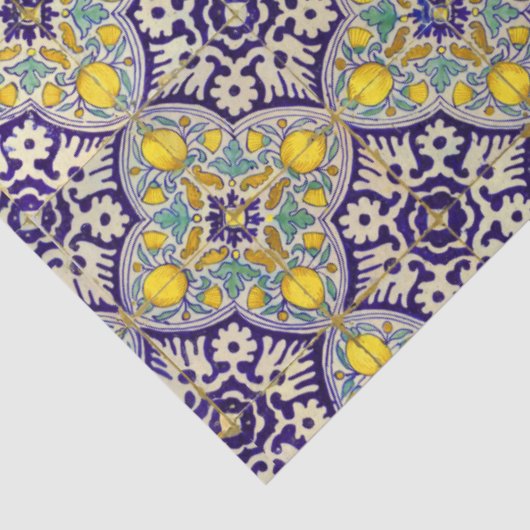 Blauw mediterraan patroongele bloesems tissuepapier (Detail)