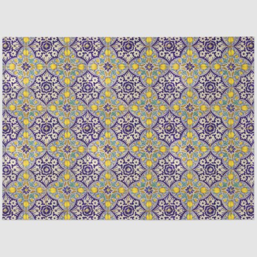 Blauw mediterraan patroongele bloesems tissuepapier (Voorkant)