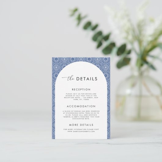 Blauw mediterraan Spaans tegel huwelijksdetails Informatiekaartje (Staand voorkant)