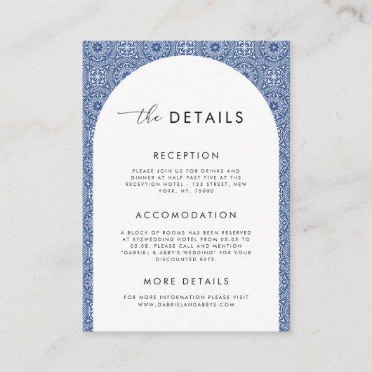 Blauw mediterraan Spaans tegel huwelijksdetails Informatiekaartje (Voorkant)