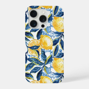 Blauw Mediterraan stijl citroenpatroon iPhone hoes 15 Pro Case