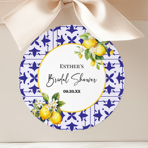 Blauw mediterraan tegel citroen bruidsdouche  ronde sticker