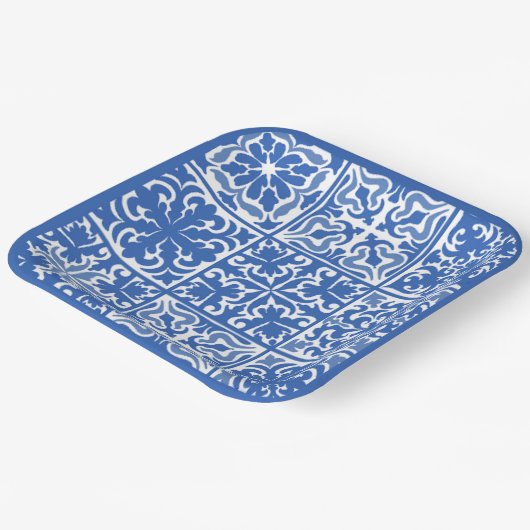 Blauw Mediterraan tegelhuwelijk of bruidsfeest Papieren Bordje (Gebogen)