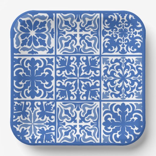 Blauw Mediterraan tegelhuwelijk of bruidsfeest Papieren Bordje (Voorkant)