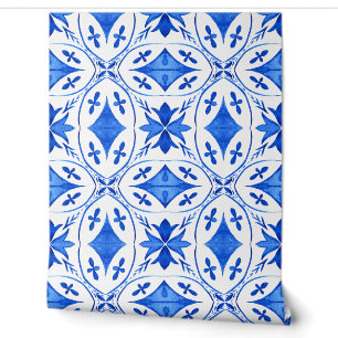Blauw mediterraan waterverf tegel patroon behang