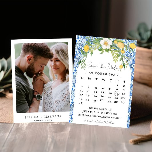 Blauw Mediterraans Boho Lemon Italiaanse kalender Save The Date