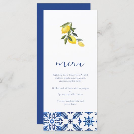 Blauw Mediterraans citrus bruiloft menu (Voorkant / Achterkant)