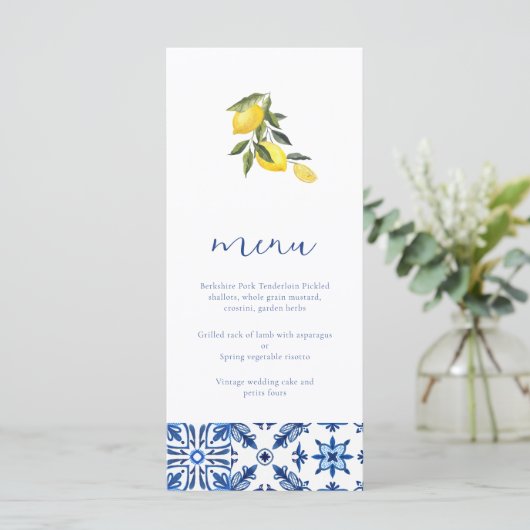 Blauw Mediterraans citrus bruiloft menu (Staand voorkant)