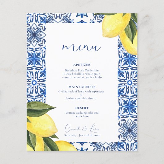 Blauw Mediterraans citrus bruiloft menu (Voorkant)