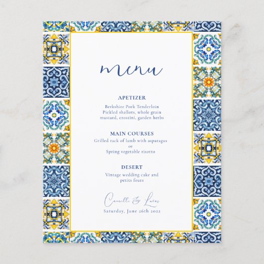 Blauw Mediterraans citrus bruiloft menu (Voorkant)