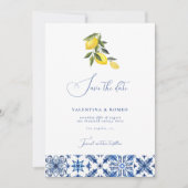 Blauw Mediterraans citrus bruiloft opslaan de datu Kaart (Voorkant)