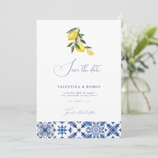 Blauw Mediterraans citrus bruiloft opslaan de datu Kaart (Staand voorkant)