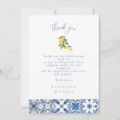 Blauw Mediterraans Tegel Bruiloft bedankje Kaart (Achterkant)