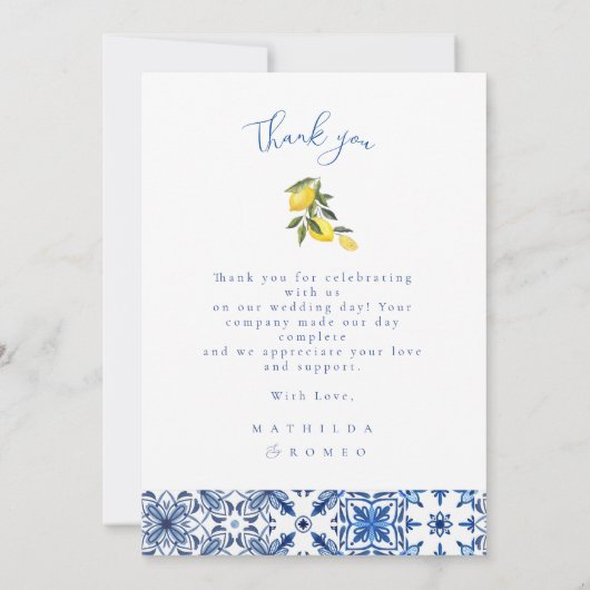 Blauw Mediterraans Tegel Bruiloft bedankje Kaart (Achterkant)