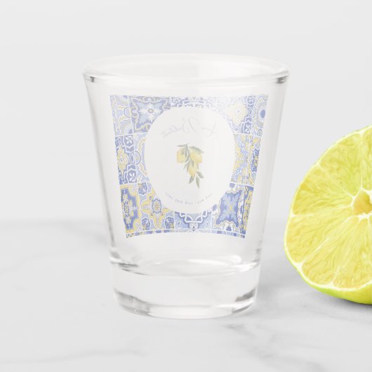 Blauw Mediterraans Tegel & Citrus Bachelorette Shot Glas (Achterkant)