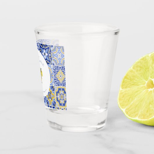 Blauw Mediterraans Tegel & Citrus Bachelorette Shot Glas (Rechts)