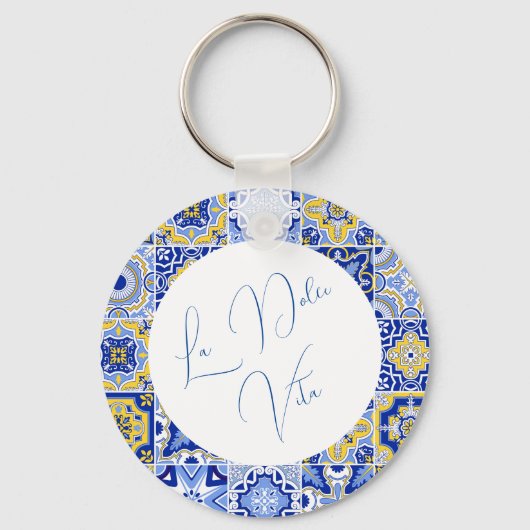 Blauw Mediterraans Tegel & Citrus bruiloft Sleutelhanger (Voorkant)