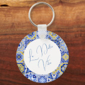 Blauw Mediterraans Tegel & Citrus bruiloft Sleutelhanger (Voorkant)