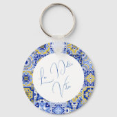 Blauw Mediterraans Tegel & Citrus bruiloft Sleutelhanger (Achterkant)