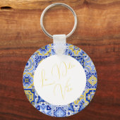 Blauw Mediterraans Tegel & Citrus bruiloft Sleutelhanger (Voorkant)