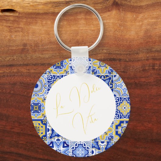 Blauw Mediterraans Tegel & Citrus bruiloft Sleutelhanger (Voorkant)