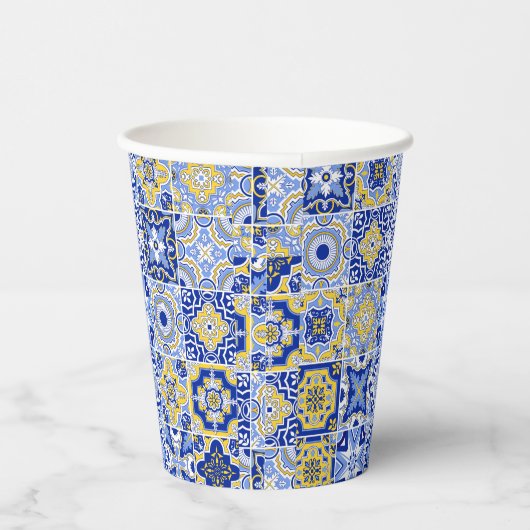 Blauw Mediterraans Tegel & Citrus Trouwpapier cup Papieren Bekers (Rechts)