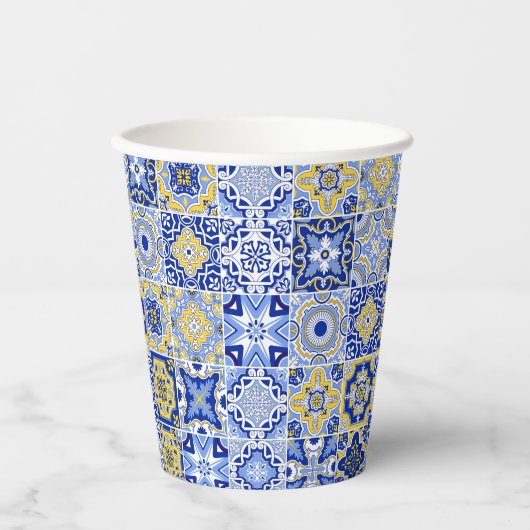 Blauw Mediterraans Tegel & Citrus Trouwpapier cup Papieren Bekers (Voorkant)