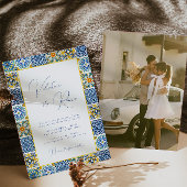 Blauw Mediterraans Tegel en citrus foto bruiloft Kaart